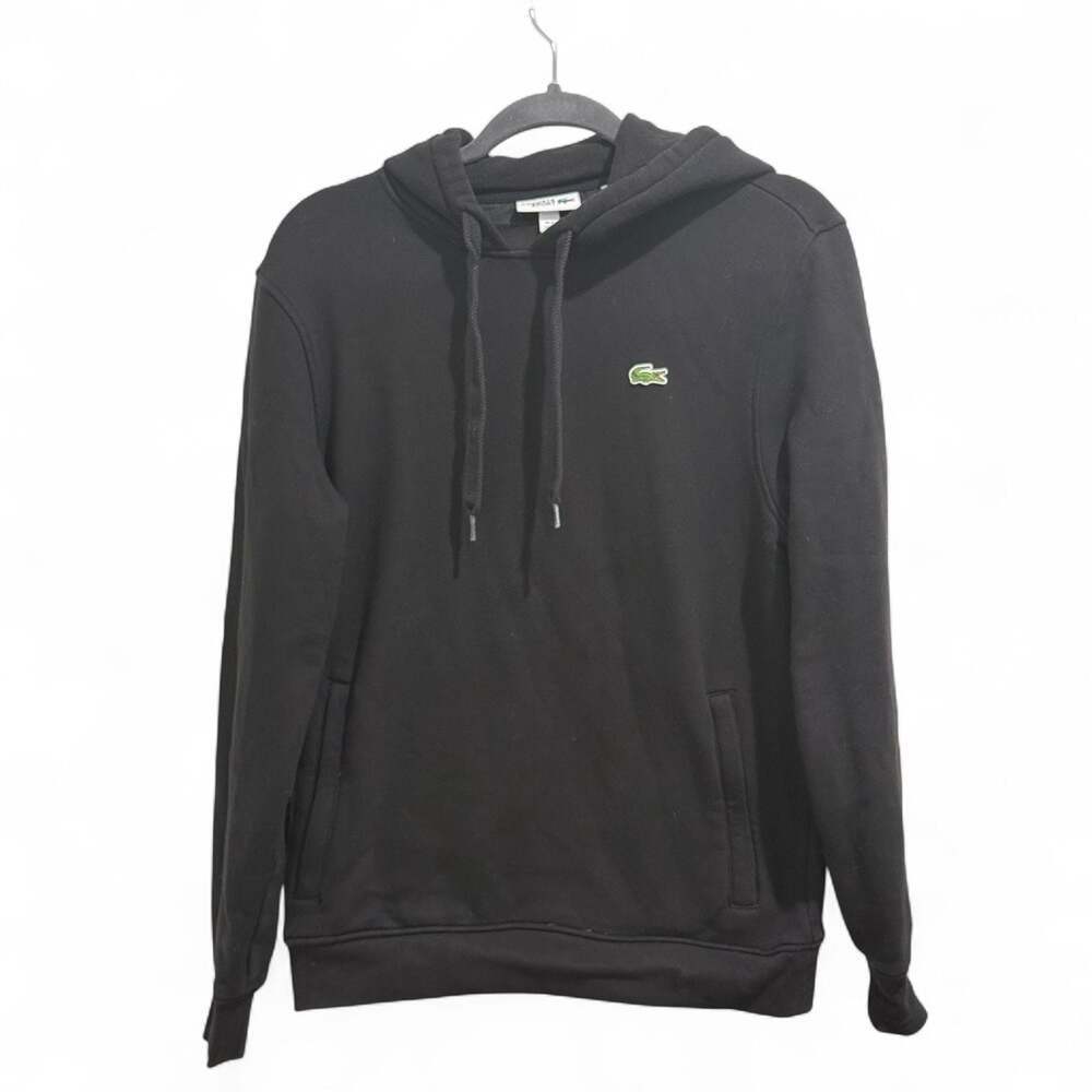 Lacoste Men's Classic Solid Cotton Fleece Pullover Hoodie Black- Unisex - Picture 3 of 6